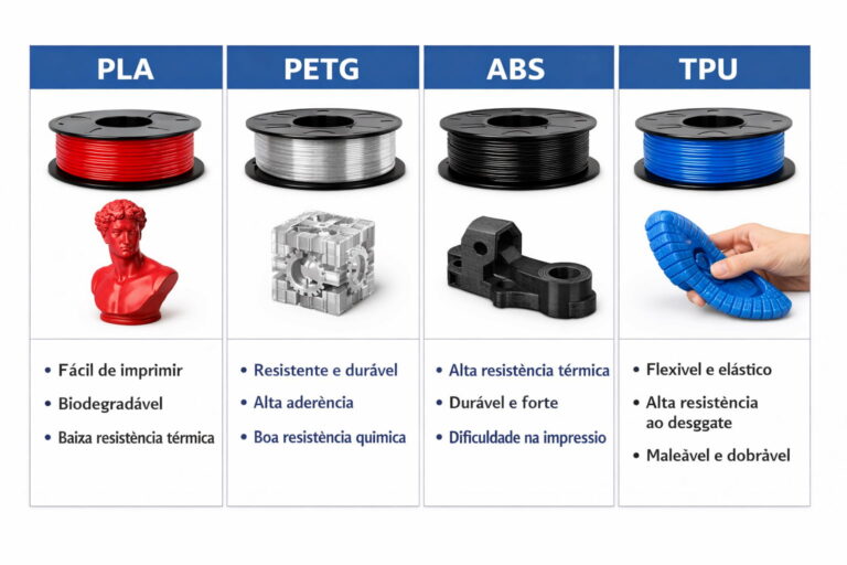 Comparação visual de diferentes tipos de filamento para impressora 3D - PLA PETG ABS TPU
